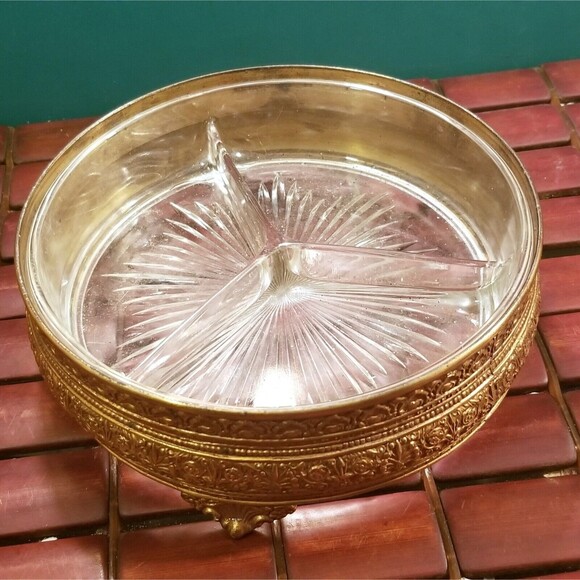 Vintage Hollywood Regency Style Gold Ormolu Footed 3 Section Candy Dish PNCW - Picture 1 of 5